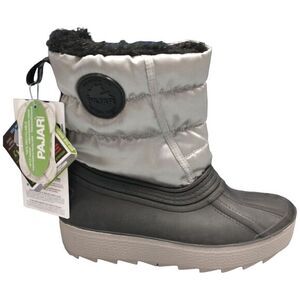 Pajar Metallic Duck Boots Womens Size‎ 5 Silver Black Rubber Faux Fur Lace Up